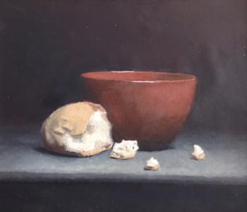 ‘Bread and water’. Oil on canvas mounted on wood panel. 4 x 6 inches. 2010.